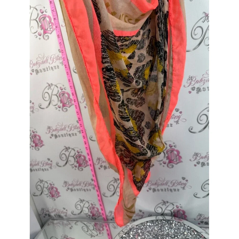 DKNY scarf scarve wrap bright orange Neon Coral and Beige Floral Stripe Scarf